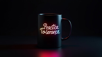 A black mug with the words practice tolerance glowing in neon colors, symbolizing the importance of tolerance in our daily lives and promoting a message of understanding and acceptance
