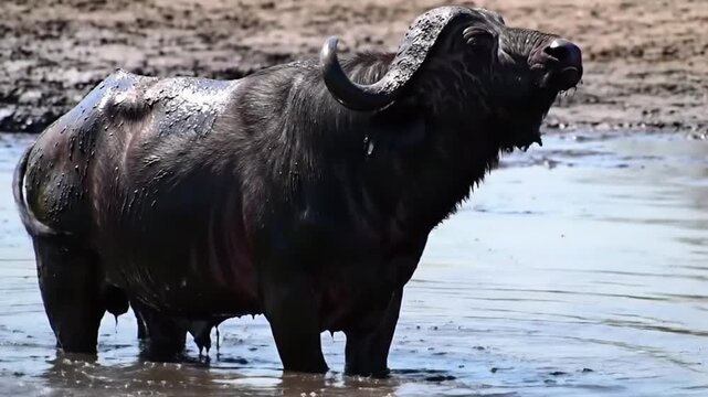 A cape buffalo standing in a muddy waterhole on a bright sunny day