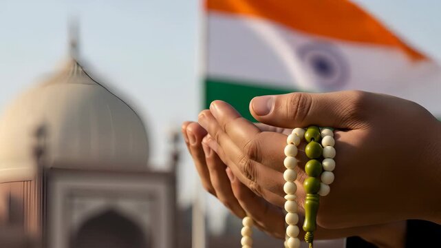 India celebrates eid milad un nabi with devotion showcasing unity and faith with prayer beads and mosque against the national flag