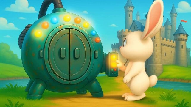 Cartoon bunny by a machine with a castle in the background cartoon