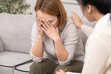 Therapy, counselor, psychologist, mental health consultation supports family trauma crisis, woman...