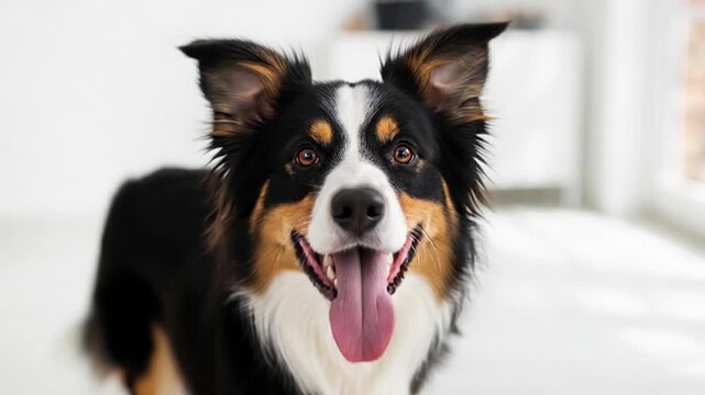 Close up of a tri color australian shepherd dog with closed eyes smiling