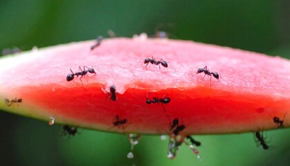 Tiny black ants crawl and feast on a vibrant red watermelon slice.