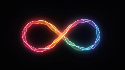 A vibrant, glowing infinity symbol against a dark background, representing endless possibilities, eternity, and the boundless nature of time and space in a modern, abstract design