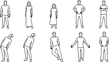 Illustration of ten people in different poses including standing stretching and arms crossed views