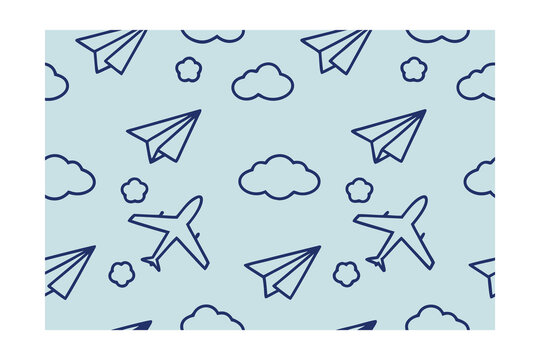 Seamless pattern paper airplanes clouds pastel blue travel
