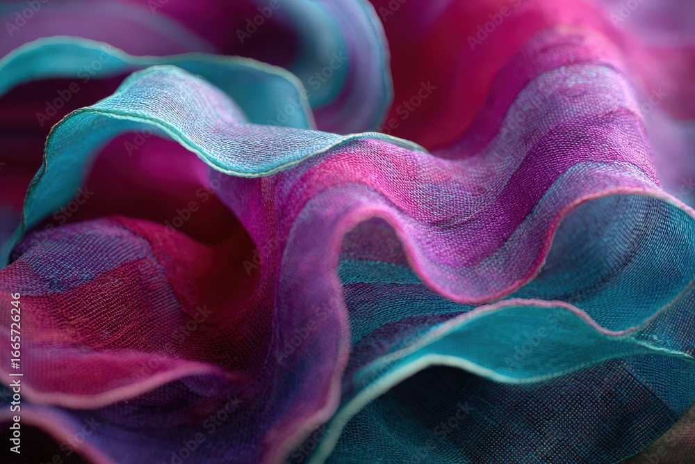 Aufkleber close-up view of vibrant, multicolored fabric with soft, flowing folds and intricate striped pattern