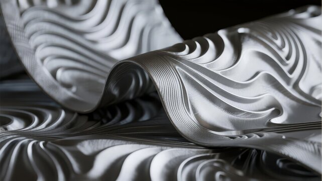 Titanium Silk Scroll Background with NURBS-Modeled Ripples and Anisotropic Specular Highlights, Monochrome Tech Aesthetic