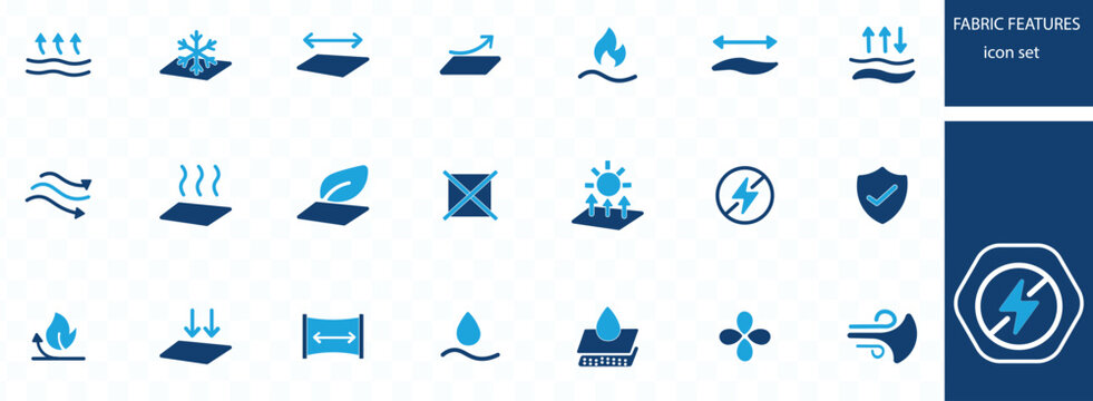 Fabric features icon set. Showcasing waterproof, UV protection, material attributes, performance capabilities for Fashion, apparel, textile industry and more