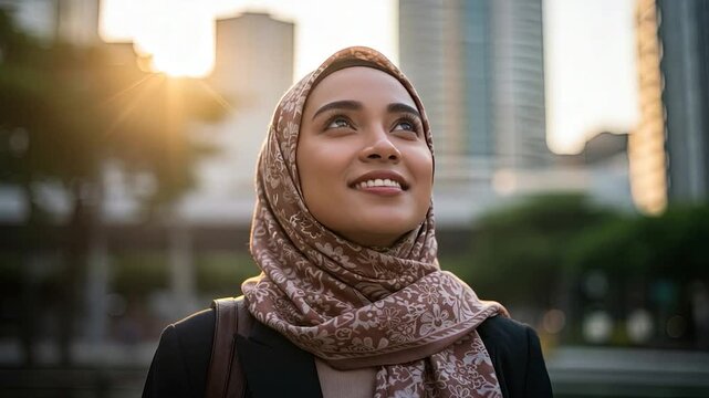 A woman in a patterned headscarf gazes upward, bathed in golden sunlight, in a bustling city setting.