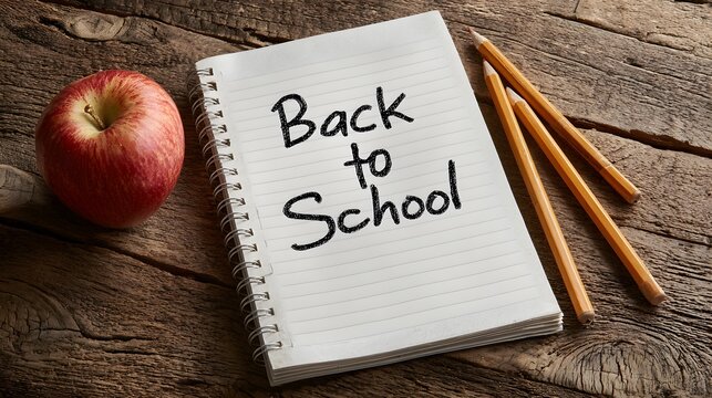 Notebook, Apple, and pencils with handwritten text "Back to School" on the page on a wooden table