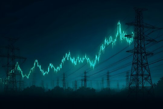 A digital stock market graph with an electric power grid in the background, 