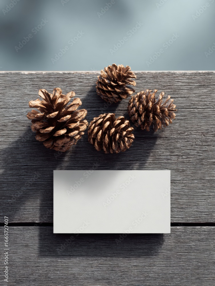 Poster crafting with natures textures in a rustic setting featuring pinecones and a blank card on a wooden 
