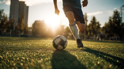A player dressed in shorts and a jersey is dribbling a soccer ball across a well-maintained grassy field during sunset, with buildings in the background adding urban charm