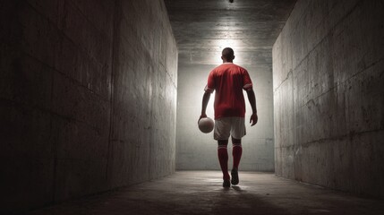 A soccer player in a red jersey strides confidently toward the field, clutching a ball. The eerie tunnel setting enhances the anticipation before the match begins
