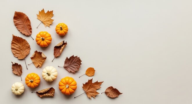 Fall pumpkins and leaves create a stunning autumn background, perfect for Thanksgiving