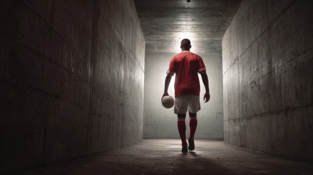 Fototapeta A soccer player in a red jersey strides confidently toward the field, clutching a ball. The eerie tunnel setting enhances the anticipation before the match begins