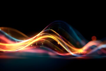 3D render, abstract background with colorful, glowing light waves on a black background.
