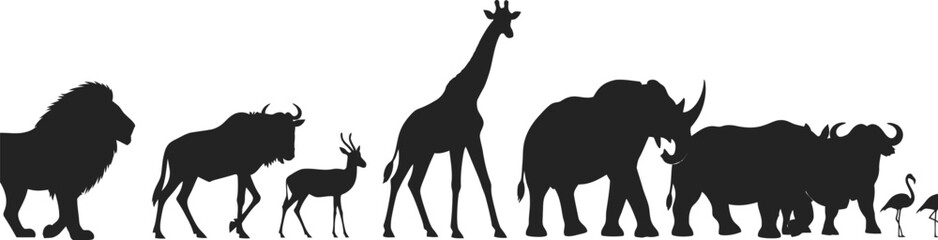 Silhouette illustration showcasing various african animals including lion giraffe elephant buffalo and gazelle with other wildlife in a black and white design, generative ai