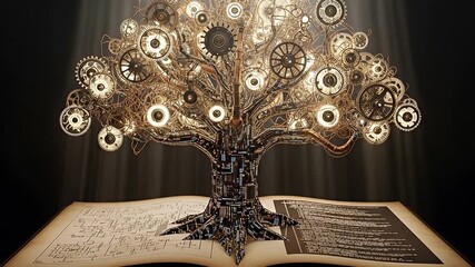 A mechanical tree of knowledge with glowing gears and cogs growing from an open book with code.