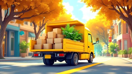 3D render of a yellow delivery truck carrying boxes and green plants in a vibrant city background. Perfect for eco delivery, logistics, shipping, and transportation themes
