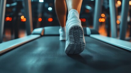 Close up of feet, sportman runner running on treadmill in fitness club. Cardio workout. Healthy lifestyle, guy training in gym. Sport running concept