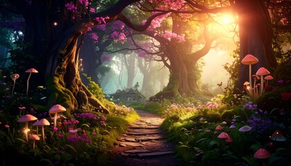 Fototapeta premium A sunlit path winds through a vibrant, magical forest, filled with colorful flowers, glowing mushrooms, and towering trees.