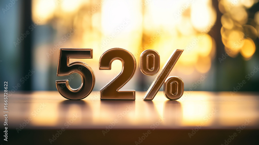Poster 52 percent in metallic letters on a table with a blurred background and bokeh lights