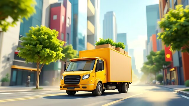 3D render of a yellow delivery truck carrying boxes and green plants in a vibrant city background. Perfect for eco delivery, logistics, shipping, and transportation themes