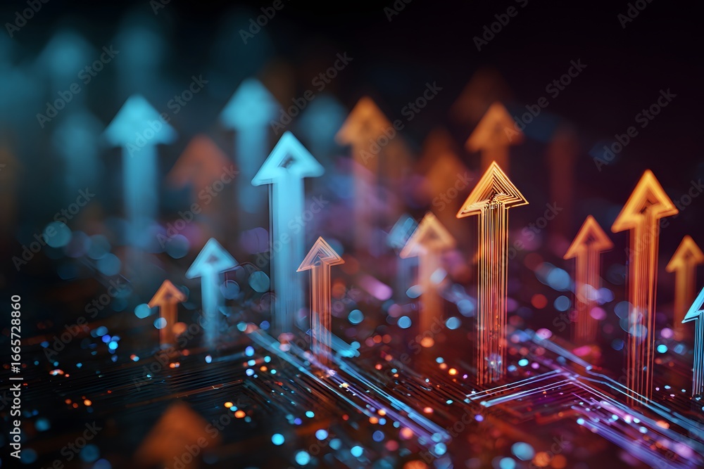 Poster Abstract background with glowing arrows pointing upwards, representing growth and success in digital marketing. A futuristic concept of an arrow pointing up on a circuit board pattern.