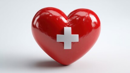 A vibrant red heart featuring a white cross symbol represents health and care. The image captures the essence of compassion and well-being with a minimalist design