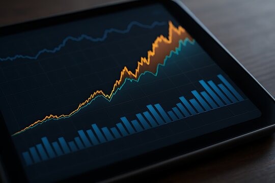 Tablet displaying a rising stock market graph with financial data