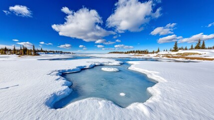 Serene Winter Landscape with Icy Water Patches and Cloudy Sky