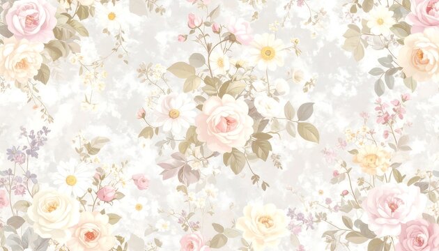 Fototapeta A delicate floral print design features a multitude of roses, daisies, and other blossoms, displayed in soft pastel shades against a muted gray background.