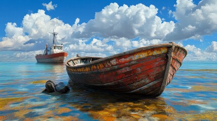 Obraz premium Vintage Fishing Boat at Serenity Island Under Dramatic Blue Sky
