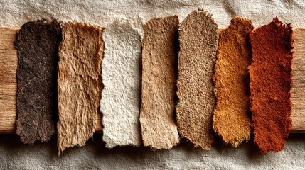 Handcrafted paper swatches in earthy tones displayed on wood