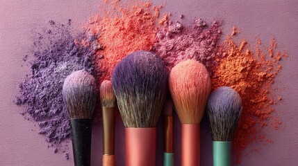 Makeup brushes in colorful powder spills