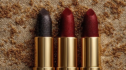 Three metallic lipsticks, dark, burgundy, and red-brown, stand on a gold textured background