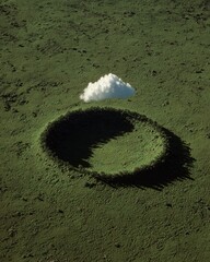 A small cloud hovers above a crater in a green field