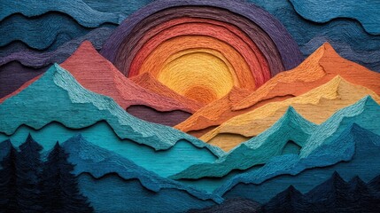 Layered paper art depicting a sunset over mountains