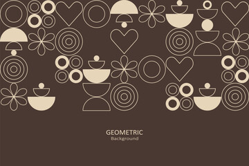 Geometric floral with beige line art on a brown background, featuring abstract shapes, hearts, and circles with copy space, perfect for minimalist design themes
