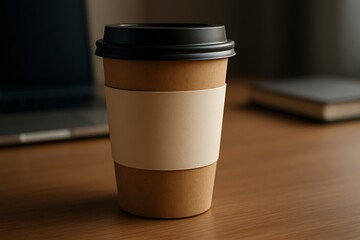 A tall coffee cup with a sleeve on a wooden desk