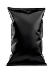 blank food snack bag in black, designed for potato chips The bag is presented upright with a crisp white background The bag's surface exhibits subtle reflections