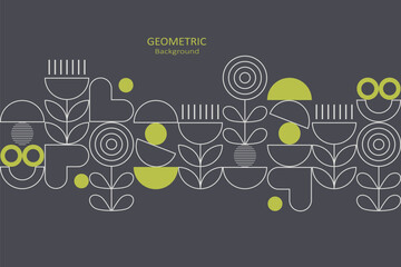 Geometric floral with white and green line art on a gray background, featuring abstract shapes, hearts, and circles with copy space, perfect for minimalist design themes
