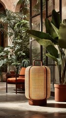 Woven lamp stands in terracotta pot near armchair