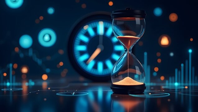 A futuristic time trading concept with a digital countdown clock in background and sand flowing through an hourglass. Floating stock market symbols and graphs emphasize time as a key asset in trading. - Powered by Adobe