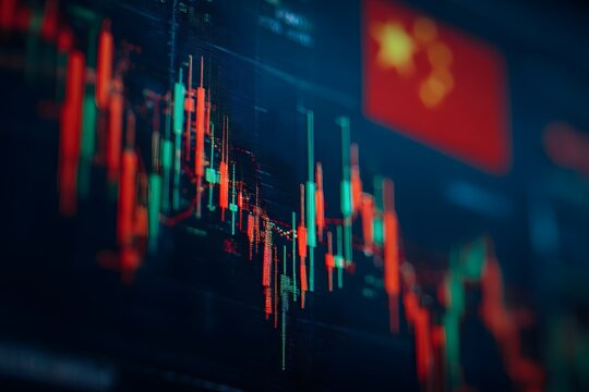 Close-up of a stock market chart with red and green candlesticks, an China flag in the background, - Powered by Adobe