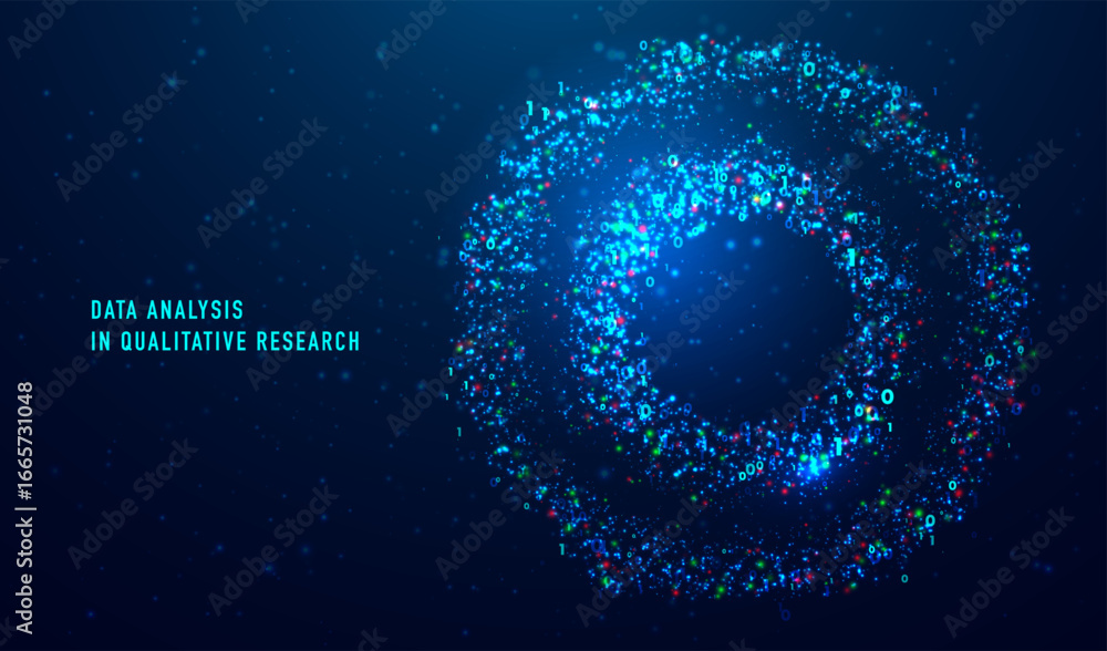 Poster data analysis in qualitative research. big data code representation. futuristic network or business 
