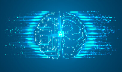 Artificial Intelligence illustration. Artificial intelligence and machine learning concept. Digital computer code. Data transfer concepts in internet.