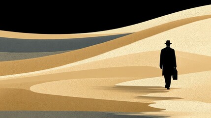 A silhouette of a man in a suit and hat walks through vast sandy desert dunes,